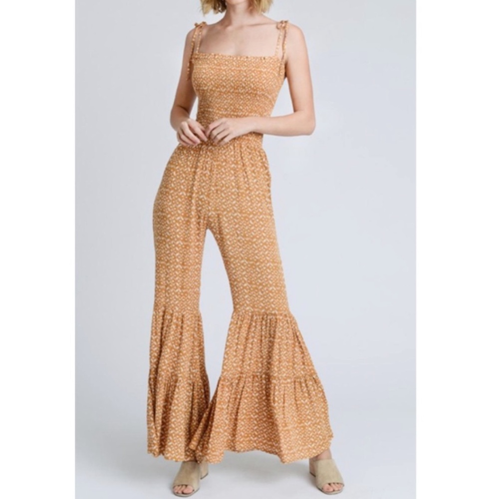 Vici Storia Smocked Printed Bell Bottom Jumpsuit NWOT